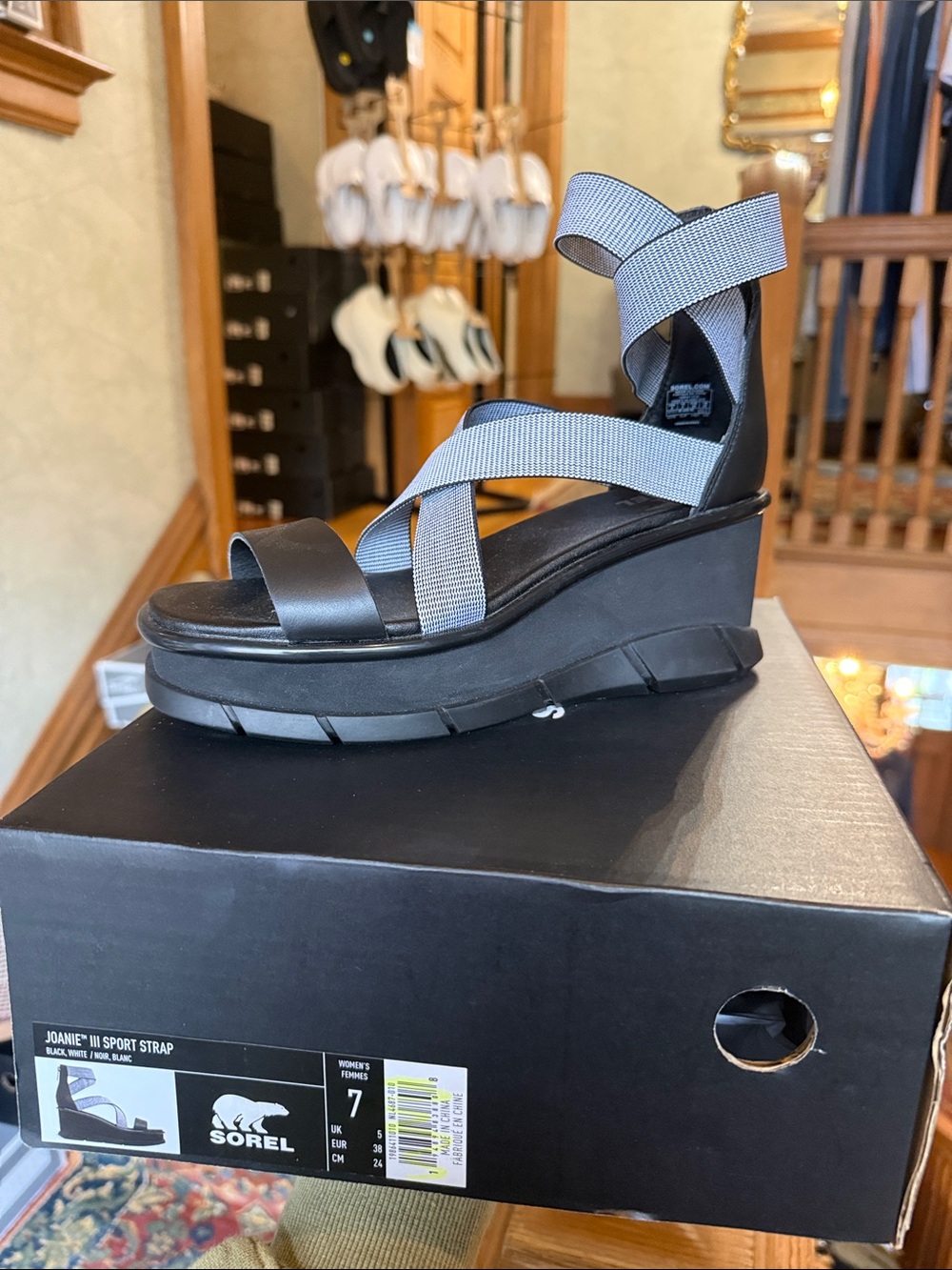 Sorel Wedge Sandal with White Straps and Black Platform